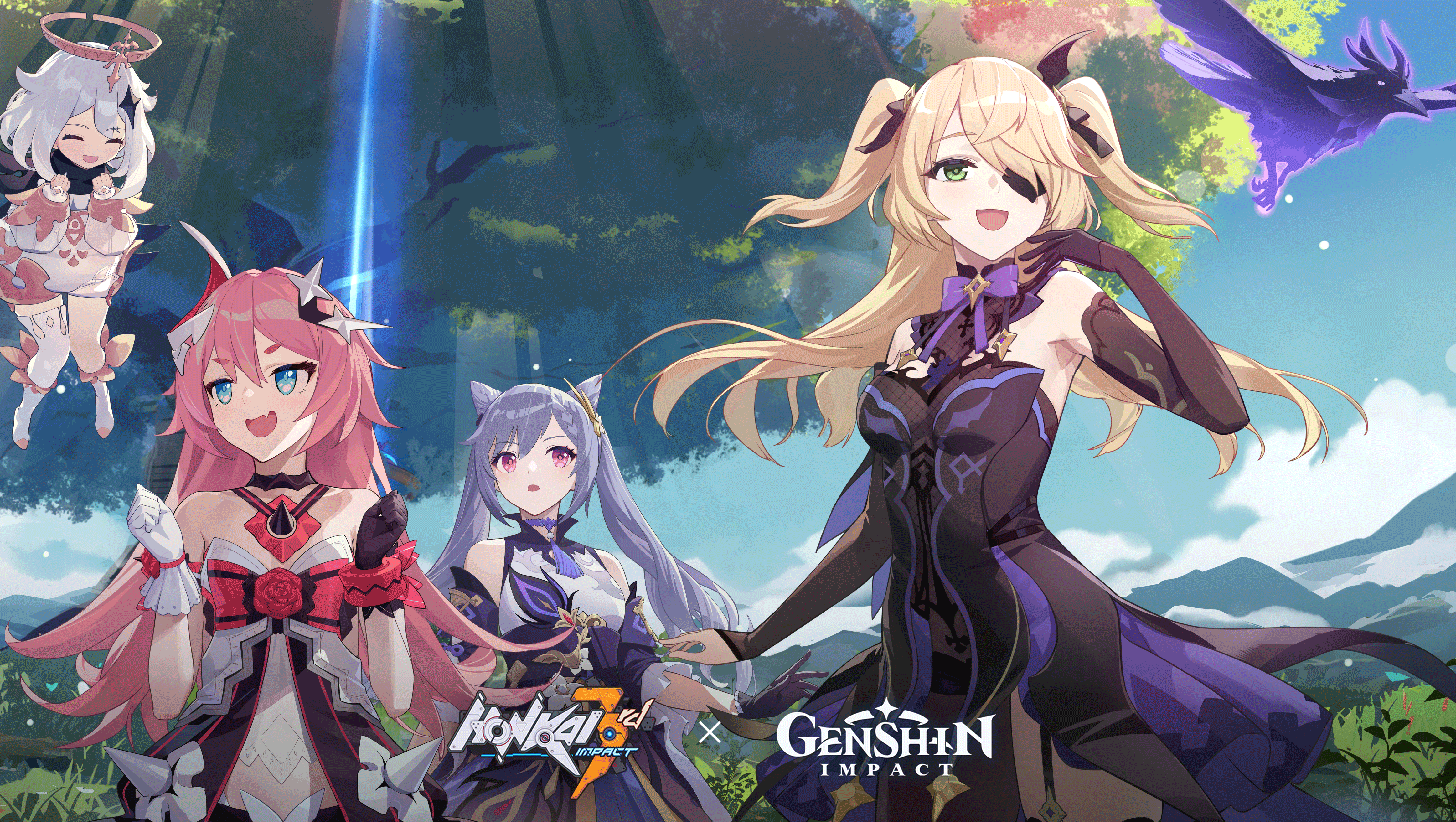 Виртуальный мир хонкай. Хонкай Импакт 3. Genshin Impact x Honkai Impact. Honkai Impact 3rd КЭ Цин. Honkai Impact 3rd x Genshin Impact.