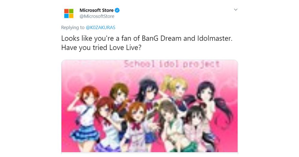 Twitter Microsoft Store Menyarankan Love Live!